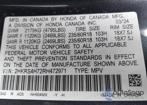 2024 Honda Cr-V Ex-L Awd from USA, damaged, VIN 2HKRS4H72RH472971